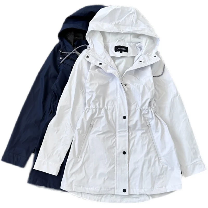plus Size Raincoat Medium Length Women's Windbreaker Slimming PU Waterproof Versatile Outerwear Commute Sle Long Sve Zipper
