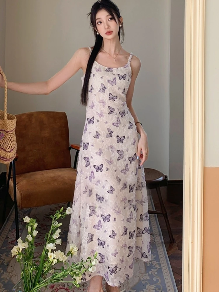 Letnia Sukienka na Ramiączkach z Żakardowym Nadrukiem, Elegancka, Seksowna, Długa, Damska, Boho, Elegancka, Codzienna Sukienka Domowa 2025, Koreańska Moda, Obcisła Sukienka Wieczorowa