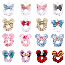 New Mouse Ears Velvet Scrunchies Hairband Disney Women Elastic Ponytail Holder Girls Sequin Bow Kids Party DIY Hair Accessories