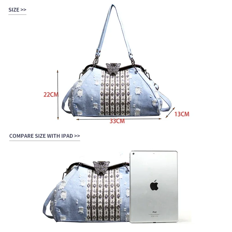 Fashion luxury Women Handbags Denim Cloth  Butterfly Clip With Diamond Shoulder Bags Solid  Crossbody Bags For Women