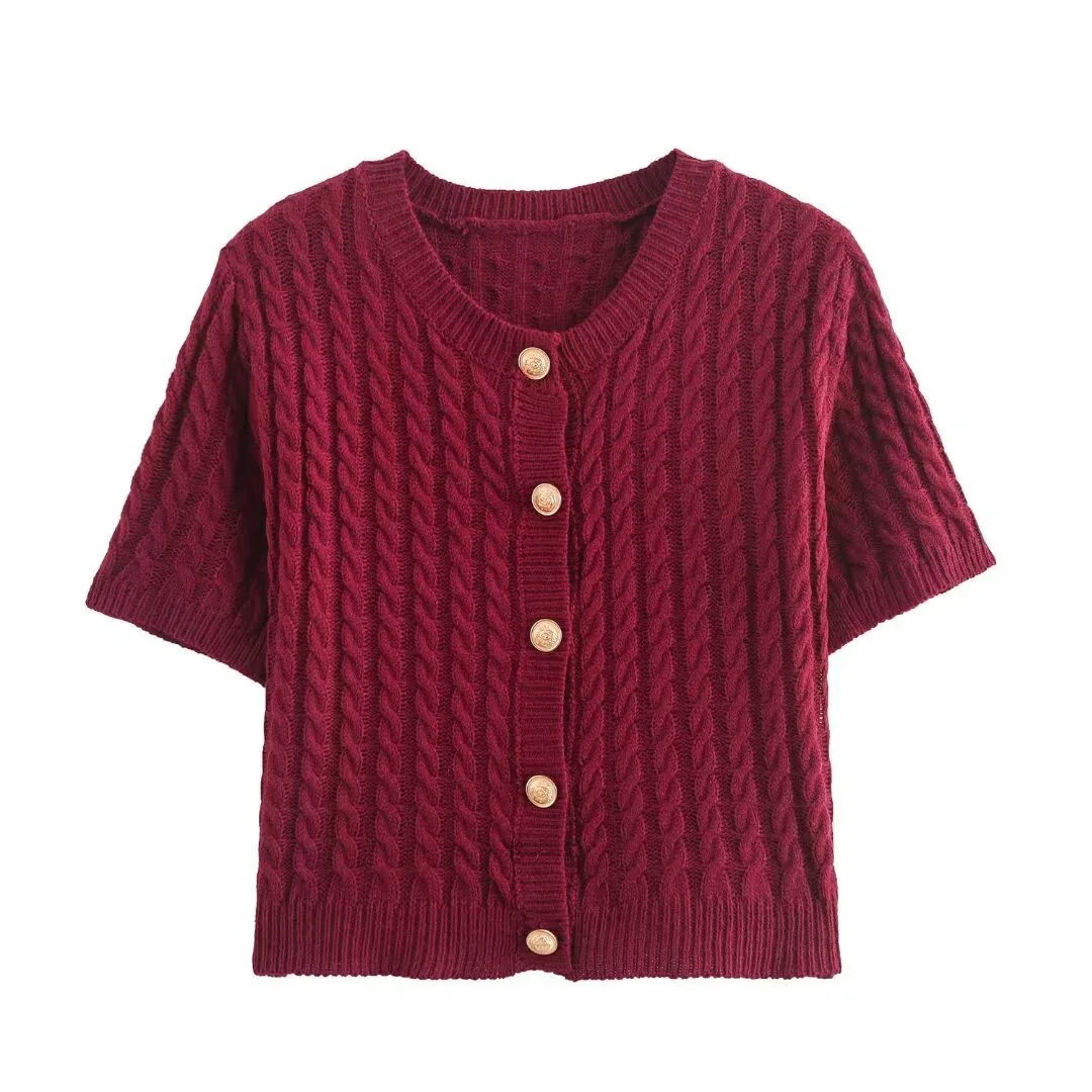 

206 New Women Vintage Cable Knit Cardigan Short Sleeve Single Breasted Elegant Retro Style Knitted Top For Summer Daily Wear