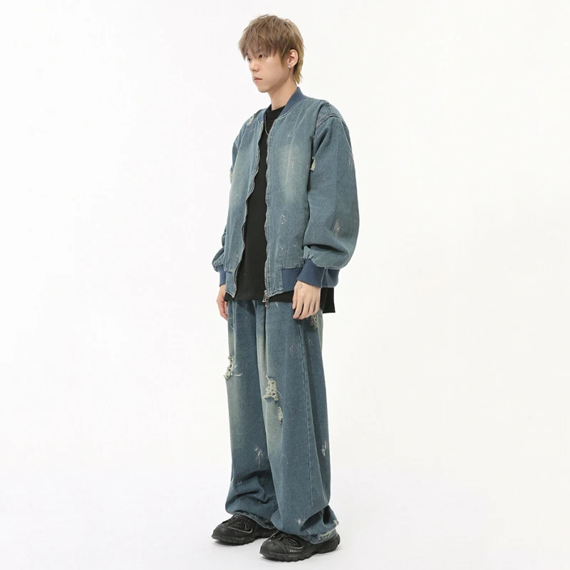 IEFB High Street Men's Sets Washed Worn-out Denim Jackets Hole Straight Wide Leg Pleated Male Loose Jeans Fashion Autumn 9C7843