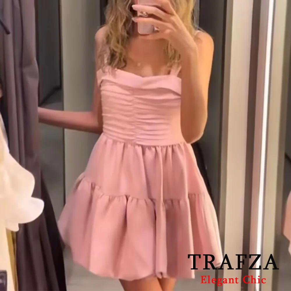 TRAFZA Sweet Pink Mini Women Dress Fashion 2024 Summer Cami Party Pleated Zipper Dress Elegant Female Dress Beach Holiday Dress