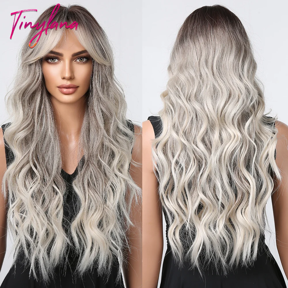 Gray Ash Platinum Synthetic Wigs with Side Bangs Long Curly Wave Cosplay Natural Hair Wig for Black Women Afro Heat Resistant