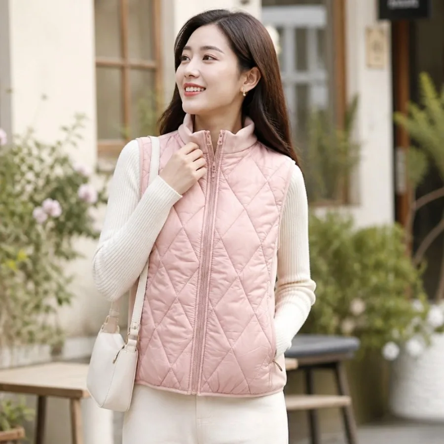 Women fall Winter Ultralight Parkas Vests Fleece Splicing Diamond Lattice Quilting Warm Coat Slim Casual Stand Collar Waistcoat
