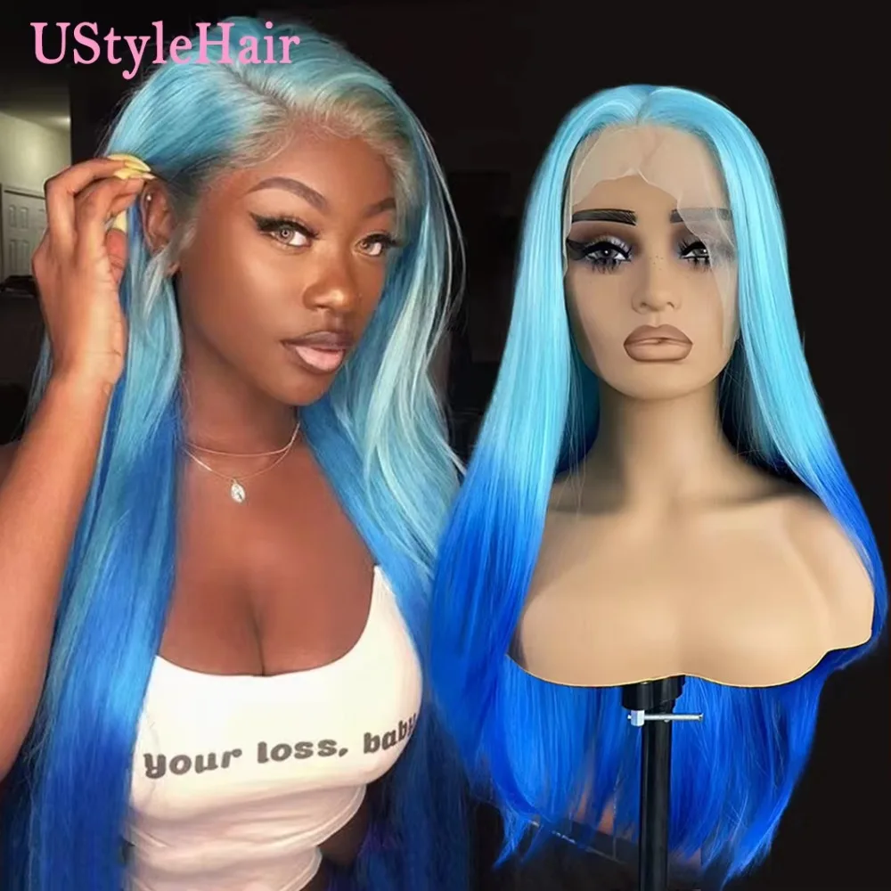 

UStyleHair Ombre Blue Wig Long Silky Synthetic Lace Front Wig Light Roots Blue Lace Front Wig Daily Use Cosplay Heat Resistant