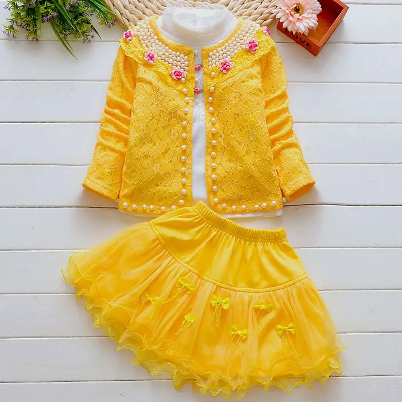 

1-8 Years Lovely Kids Girls Clothing Sets 3pcs Short Outwear Jacket+Long Sleeve Shirt+Skirts New Autumn Toddler Girls Suits B333