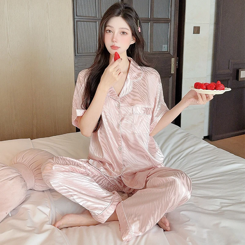 

Striped Print Simple Casual New 2 PC Pajamas Set Lapel Neck Korean Sweet Home Wear Short Cool Summer Fashion Women's Pajamas