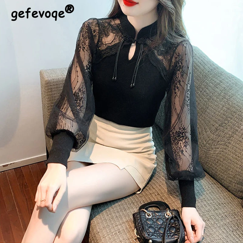 Women Vintage Chinese Style Sexy Sheer Mesh Lace Patchwork Chic T-shirt Female Black Elegant Fashion Long Sleeve Slim Fit Tops