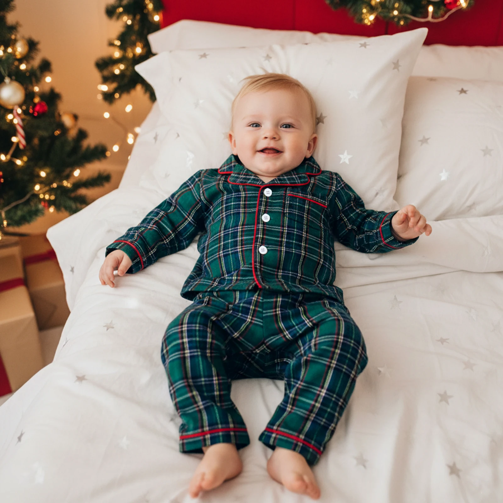 

Детские рождественские клетчатые пижамы с длинными рукавами и лацканами на пуговицах + комплект штанов, домашняя одежда для малышей