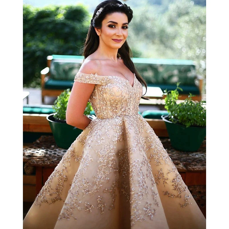 Sexy champanhe a linha chá-comprimento vestidos de baile fora do ombro querida ouro applique organza noite dess vestidos de festa