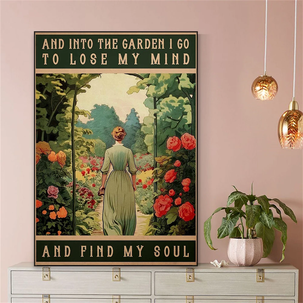 Vintage Lady Art Vintage Gardening Poster Flower Art Go To Lose My MInd And Find My Soul  Quotes Canvas Painting Home Decor