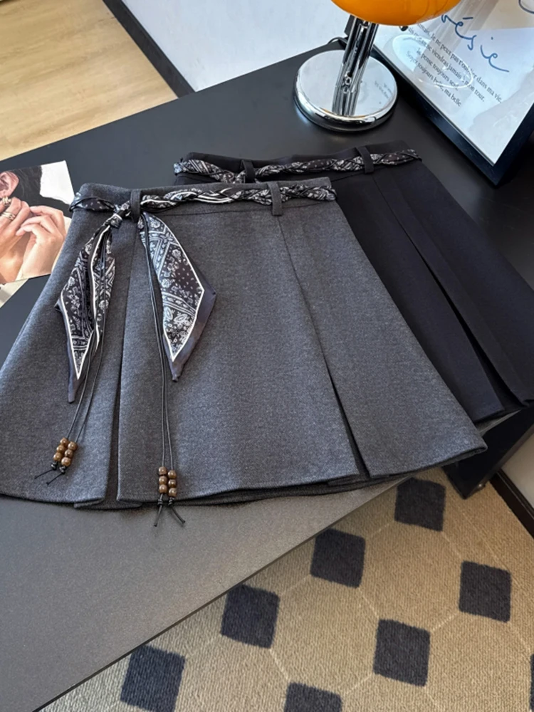 

Jmprs Chic Faux Woolen Mini Skirt Women High Waist Sweet Lace Up Elegant Pleated Skirts Fall Winter Preppy Style Korean Skirts