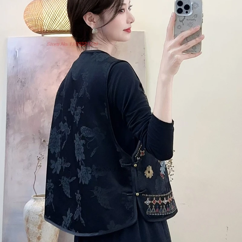 2025 الصينية خمر hanfu القمم الرجعية الساتان الجاكار س الرقبة سترة الوطنية زهرة التطريز جاكيت بلا إكمام سترة الشعبية العرقية #3