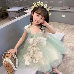 Girls Dress 2024 Summer New Green Sweet Beautiful Cute Gentle Fashionable Little Girl Princess Dress Baby Girl Dress