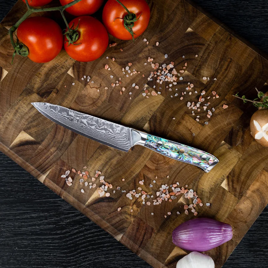 Damascus Utility Knife , Abalone Shell Handle, Super-Sharp Blade, Premium Steel, Multi-Purpose,Kitchen Chef Fruit Knife