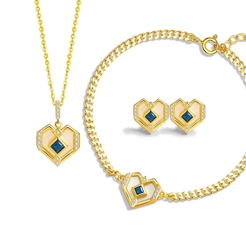 

S925 Sterling Silver Blue Zircon Heart-shaped Necklace Bracelet Earrings Jewelry Set Ladies' Engagement Anniversary Gift