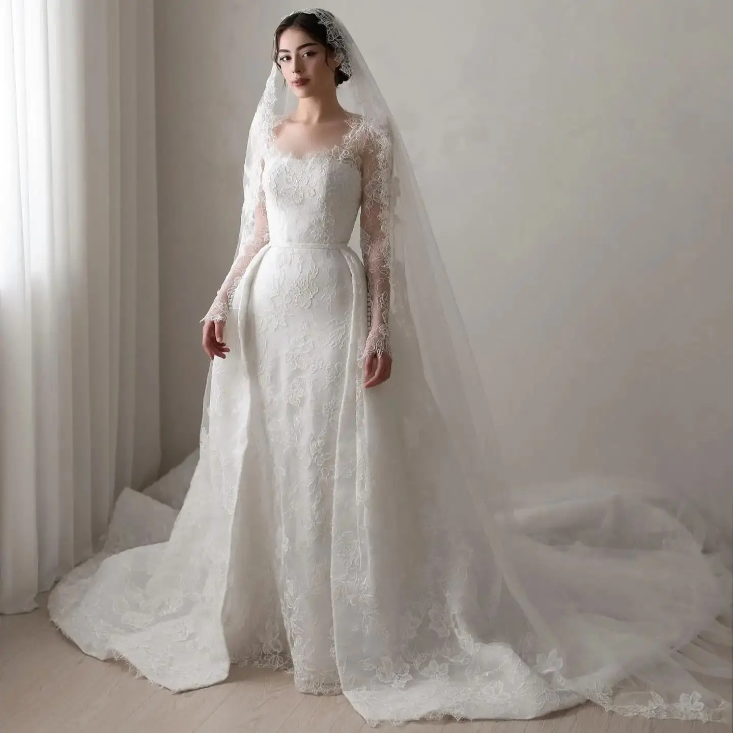 Luxury Lace Wedding Dresses Mermaid Bridal Gowns With Detachable Train Long Sleeve Customized Robe De Mariée
