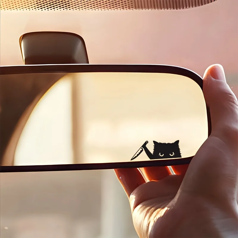 2D Flat Cat Peeking With Knife Vinyl Car Decal, Stickers For Rearview Mirror Laptop Motorcycle Tablet, Cute Holiday Gift