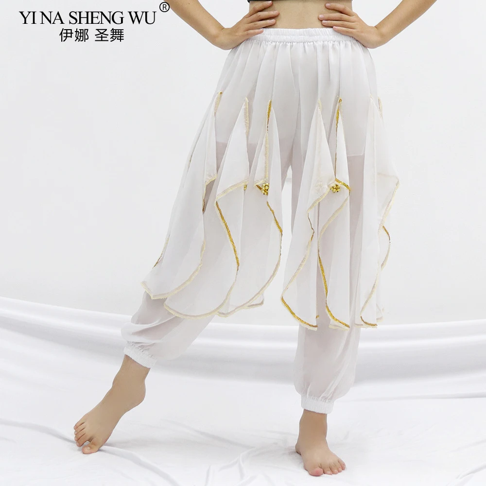 Belly Dance Performance Pants Adult Women Indian Dance Practice Dancing Chiffon Bloomers Dance Practice Gold Trim Rotating Pants