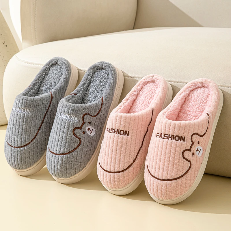 Winter Cartoon Bear Women Slippers Fashion Anti Slip Indoor Home  Soft Flat Bottom Sandals Unisex Couple Home Cotton Slippers