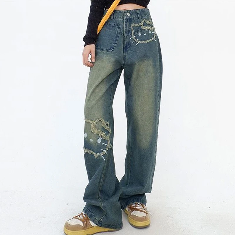 Y2K Jeans Hello Kitty Baumwolle Hose mit weitem Bein Sanrioed Cartoon Kt Hose mit geradem Bein Süße Retro-Jeans mit hoher Taille Süßes Mädchen