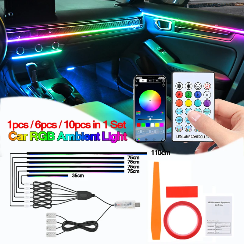 

1/6/10pcs in 1 set Led Acrylic Car Ambient Light 256 Color RGB Symphony Phone APP & Remote Control Streamer Atmosphere Lamp Kit