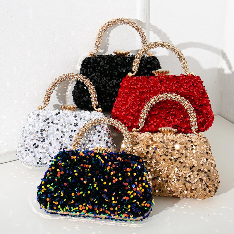 Luxury Women Shiny Sequins Evening Handbag Crystal Diamond Clutches Purse with Rhinestone Top Handle Lady Shoulder Messenger Bag