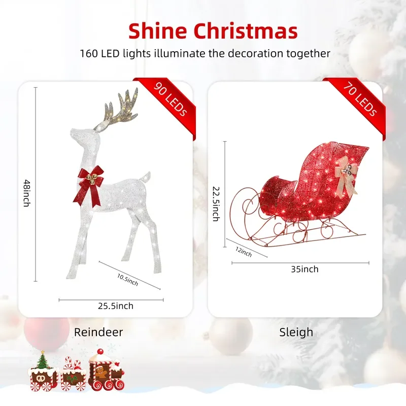 Lighted Christmas Decorations Reindeer & Sleigh 2 Pcs, HOYECHI Light up Christmas Decor Deer Set for Indoor Home Outdoor