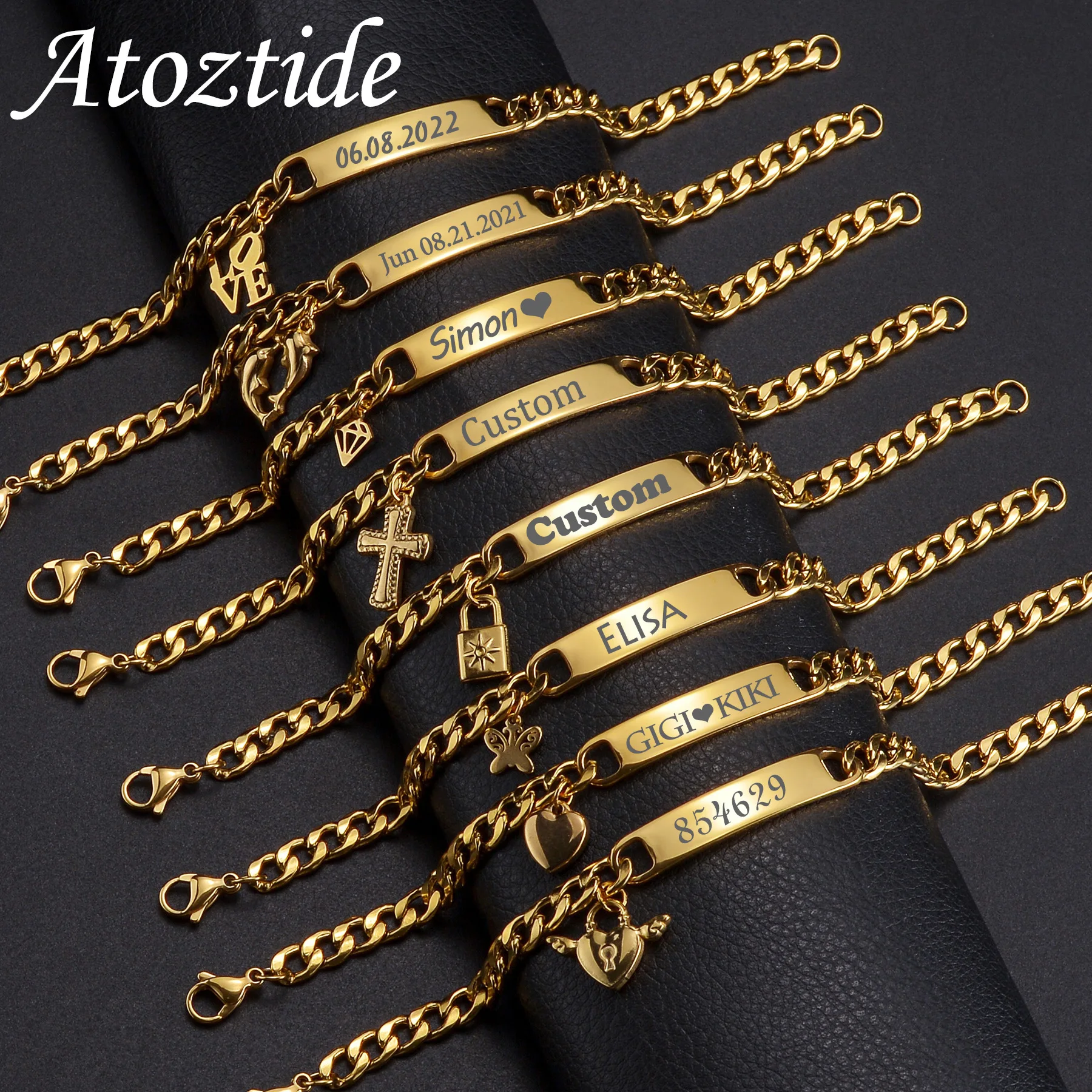 Atoztide Personalized Engrave Name Bracelet Cross Heart Stainless Steel For Men Women Adjustable Cuban Chain Jewelry Gift