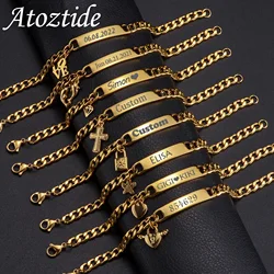 Atoztide-pulsera de acero inoxidable para hombre y mujer, brazalete con grabado personalizado de nombre, corazón cruzado, cadena cubana ajustable, regalo de joyería