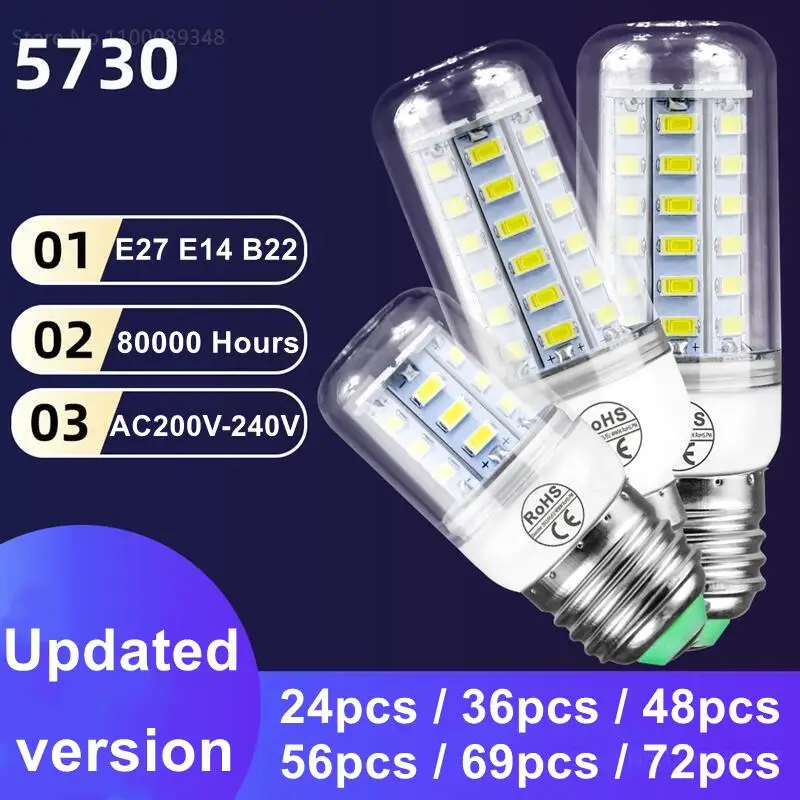 Bombilla Led E27 de 2 piezas, lámpara de maíz B22, E14, 7W, 12W, 15W, 20W, 25W, AC220V, iluminación de candelabro de 240V