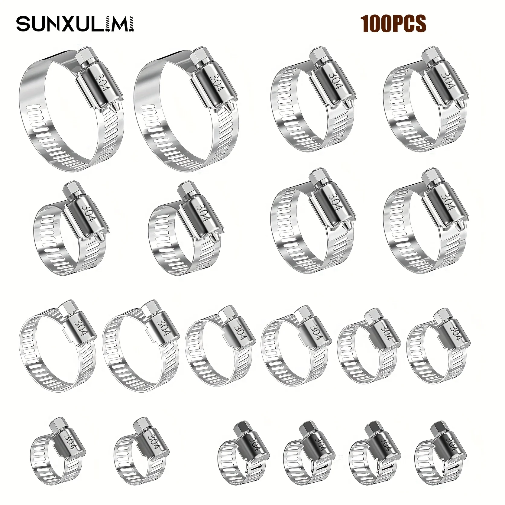

100-piece hose clamp kit-1/4 inch–1-23/ 32-inch 304 stainless steel worm gear hose clamp for pipes, intercoolers, pipes
