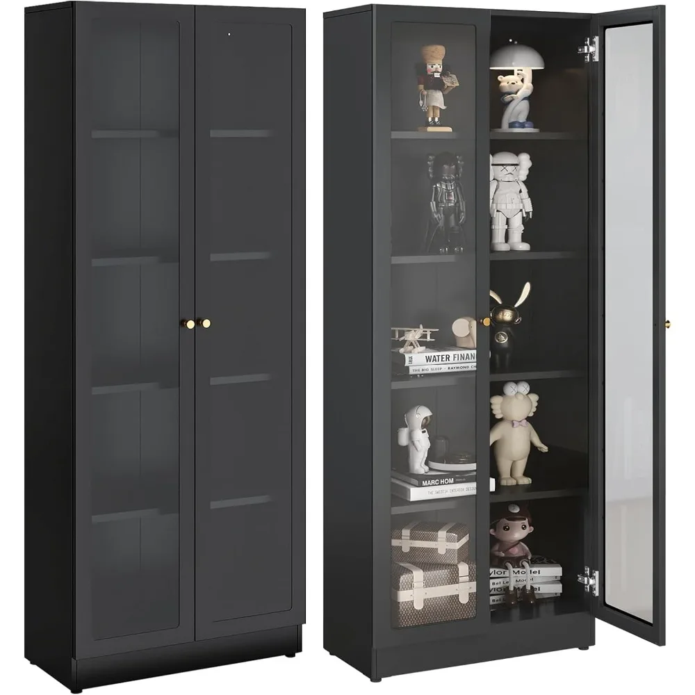 خزانة عرض معدنية ذات رف قابل للتعديل للمقتنيات، رف كتب أسود من 5 طبقات