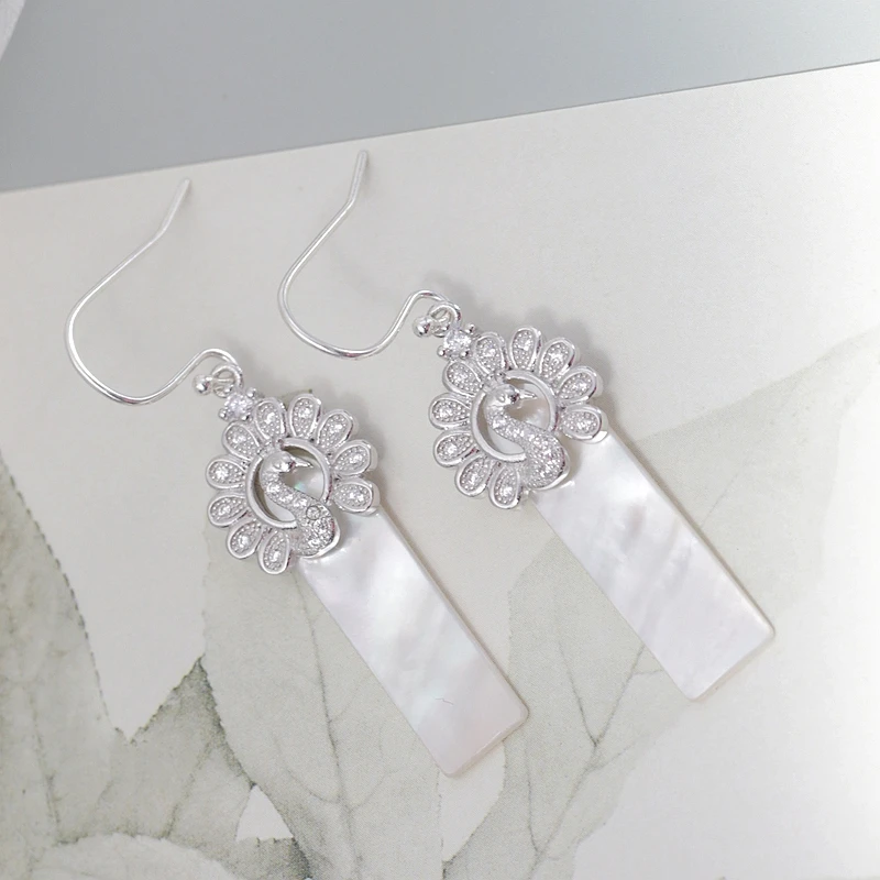 Authentic S925 Sterling Silver Earrings Inlaid Natural Shell Drop Peacock Earring Women’s Daily Wear Earrings Gift for Her