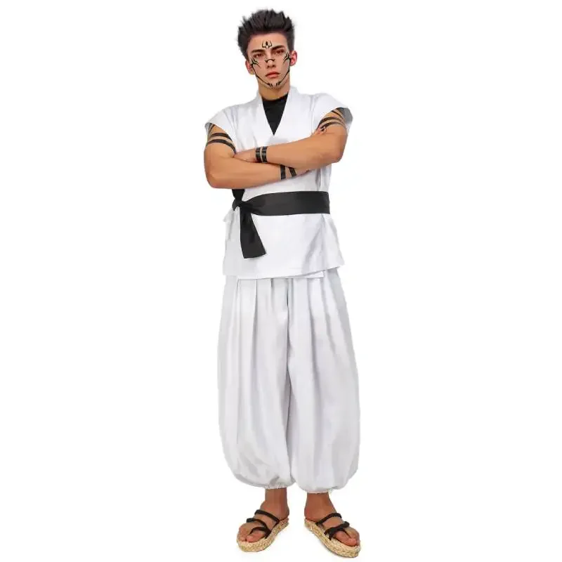WENAM Costume cosplay Ryomen Sukuna da uomo taglia USA Abito Kung Fu bianco con adesivi per tatuaggi per abiti Comic Con di Halloween