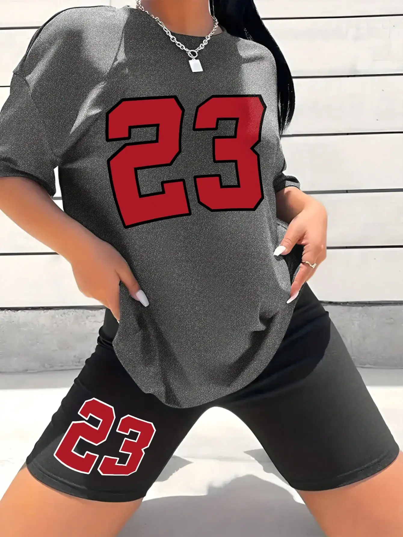 Damen Sommer-Set Nummer 23 Bedrucktes Casual Shorts-Set Sport Damen-Shirt Shorts 2-teiliges Streetwear-Set Damen Sommerkleidung – Detail 7