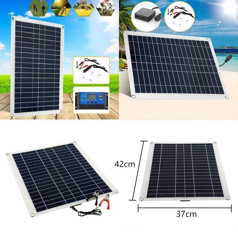 100W Solar Panel with Battery Clip and 30A Controller 12V Monocrystalline Solar Cells Outdoor Camping Hiking Solar Car Charger