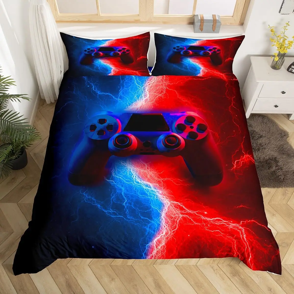Gamer Gaming Bedding Sets Single Size,Lightnings Gamepad Duvet Cover Video Games Comforter Cover for Kid Teens Boys girls Man