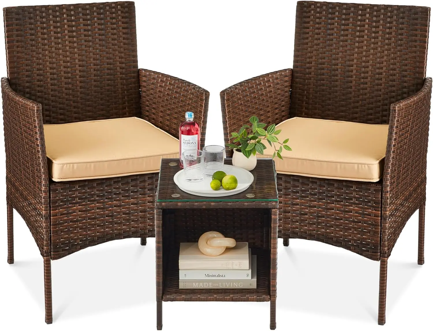 

3-Piece Outdoor Wicker Conversation Bistro Set, Space Saving Patio Furniture for Garden w/Side Table - Brown/Tan