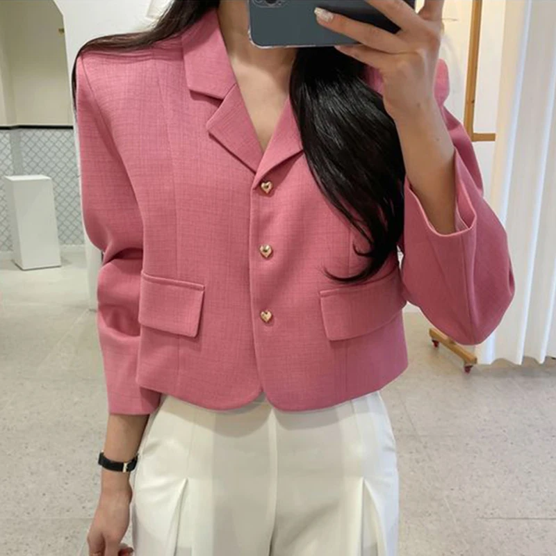 

Chic Vintage ort Loose Women's Suit Jaet with Lapel Single Button Design Sweet Sle Cotton Material Knot
