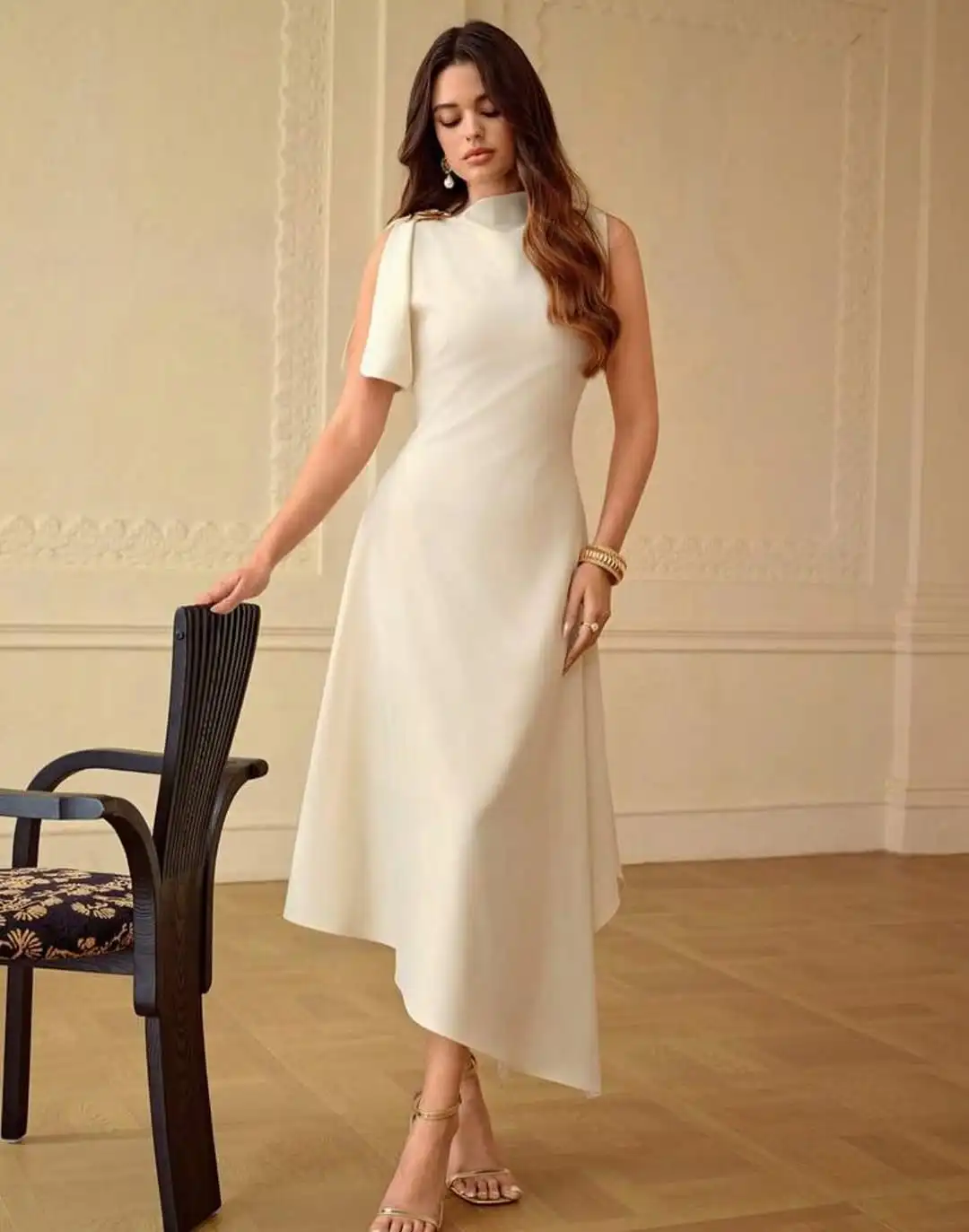 White Satin Asymmetric Neck Cap Sleeve Midi Dress with High Low Hem for Wedding Guest Party Evening