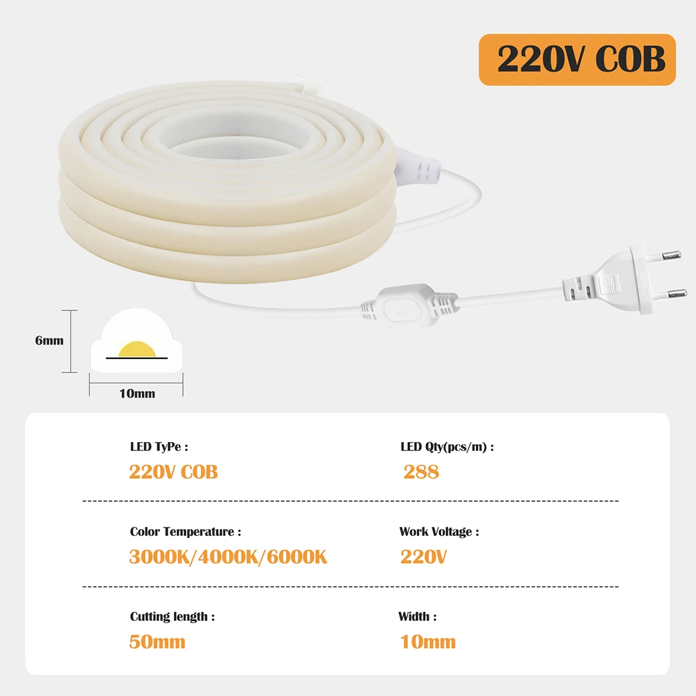 288LEDs/m COB LED Neon Light 220V Dimmable 10 Colors High CRI RA90 Flexible Strip with Power for Custom Sign Wall Decoration