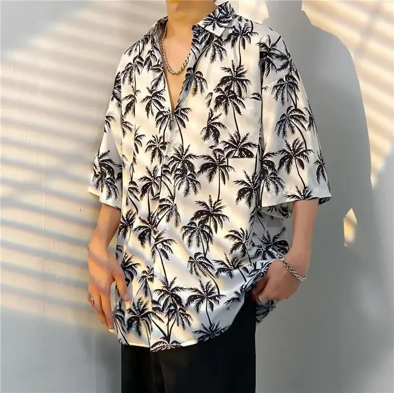 

2023 Summer Vacation Style Hong Kong Style Ruffian Handsome Thai Style Loose Fitting Casual Street Drop Feeling Printed Shirt