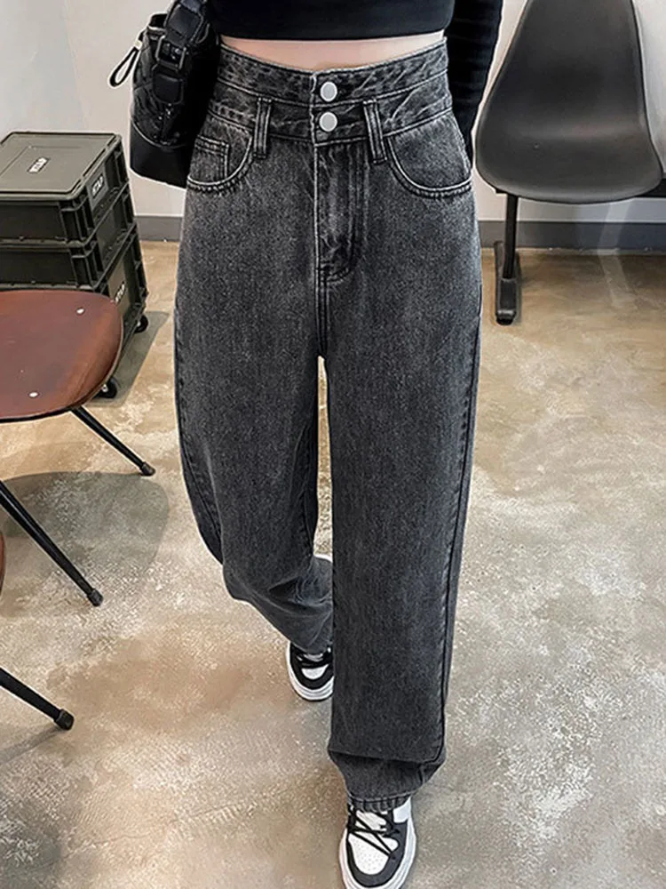 Women Vintage Loose Wide Leg Pants Korean High Waist Baggy Casual Straight Denim Pants Chic Design Double Buckle Solid Vaqueros
