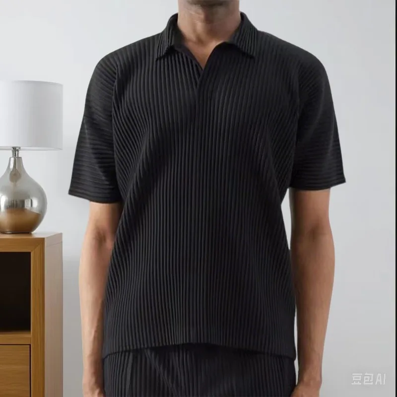 

Miyake Men's Pleated Polo Shirt Men's Short-sleeved Pleated Lapel 2025 Summer Breathable Loose Casual Solid Color Tops Clothing