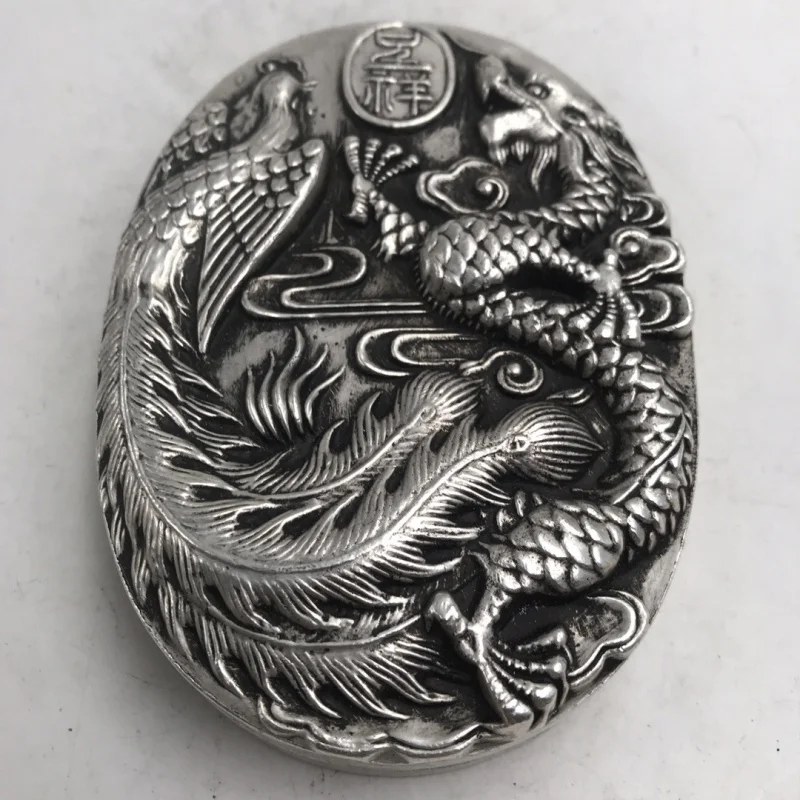 Antique Distressed Creative Calligraphy Materials Cooperized Silver Dragon and Phoenix Large Cover Table Length about 13cm