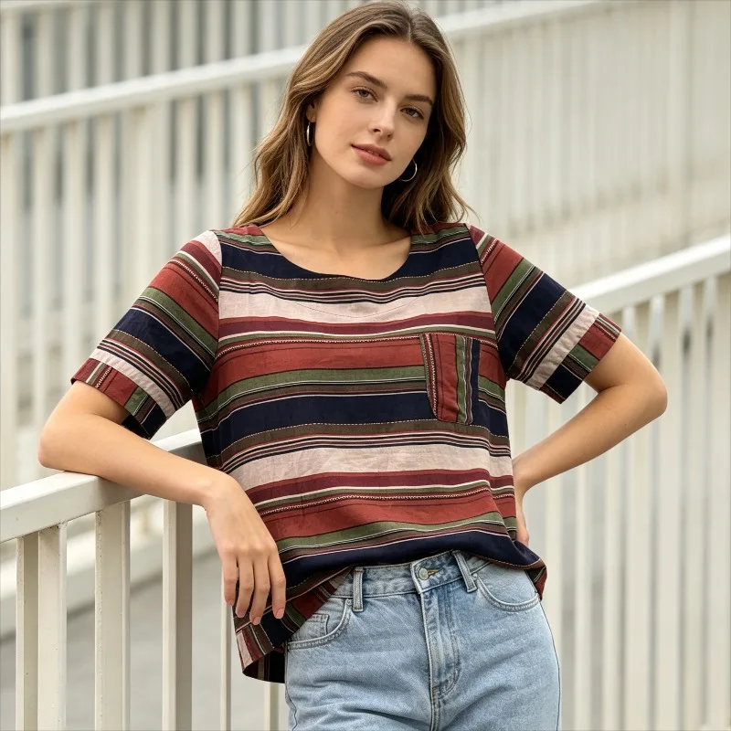 Color Blocking Striped Round Neck Pocket Women's Short Sleeved T-shirt Summer Fashion Casual Loose Fitting Pullover Tops New