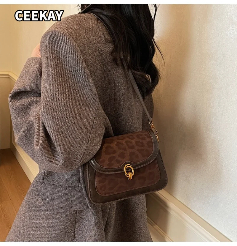 CEEKAY Women's Crossbody Bag Dark Brown Leopard Print Small Flap Handbag Metal Buckle Contrast Edge Daily Commute Vintage