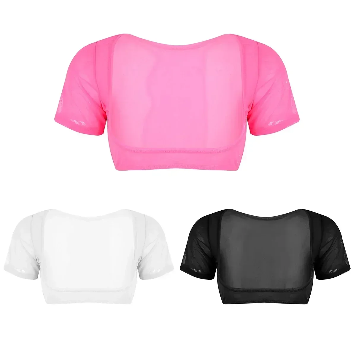 المرأة شبكة لينة انظر من خلال شير مفتوح التمثال قصيرة الأكمام Dancewear التفاف القمم ملابس رقص البطن المحاصيل الأعلى الاخفاء